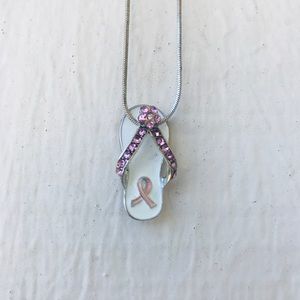 Silver pink ribbon breast cancer necklace